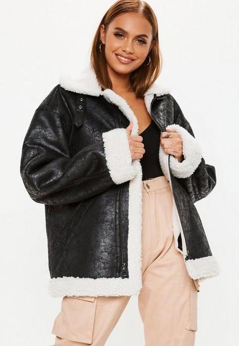 Black Oversized Zip Through Boyfriend Shearling Jacket, Black