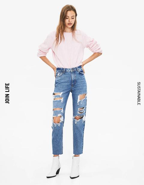 Jeans Mom Fit Con Strappi