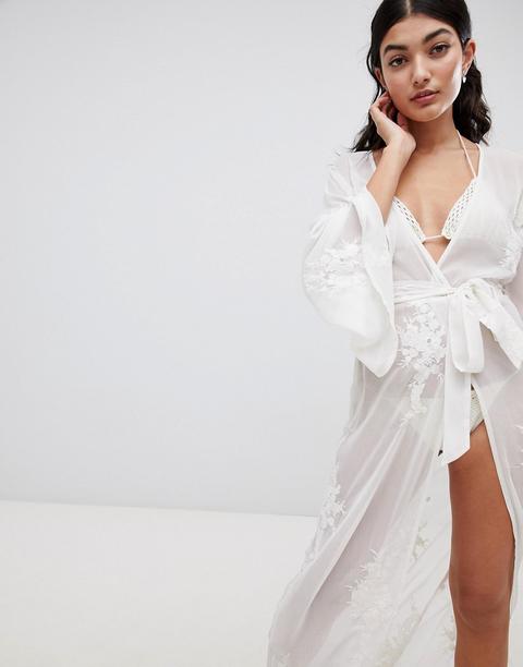 Asos Design Bridal - Kimono Lungo Da Spiaggia Ricamato - Bianco