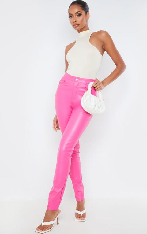 Hot Pink Button Up Pu Skinny Trousers