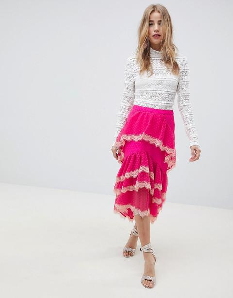 Asos Design Dobby Chiffon Midi Skirt With Lace Trim