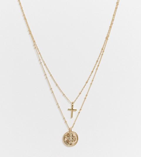 Designb London Exclusive Multirow Necklace With Coin And Cross Pendant In Gold