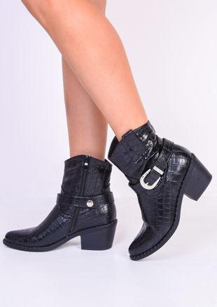 Croc Buckle Studded Western Cowboy Ankle Boots Black