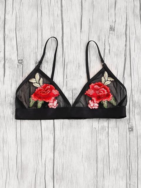 Embroidered Rose Applique Mesh Triangle Bralette