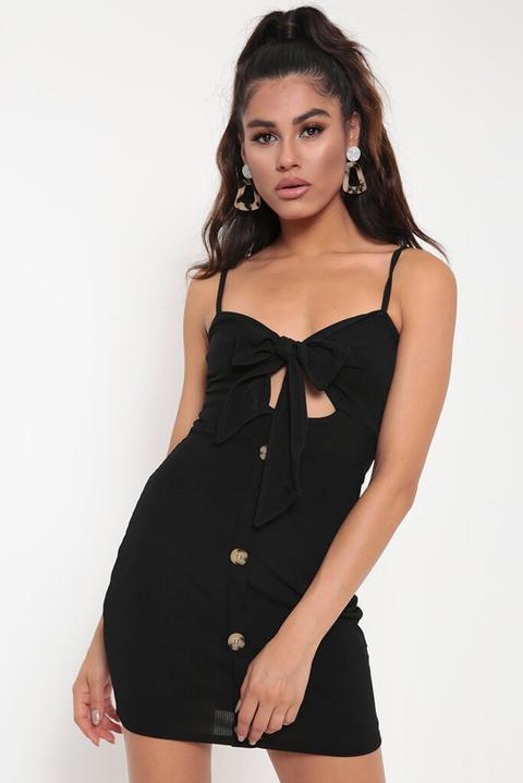 Black Button Detail Tie Front Mini Dress