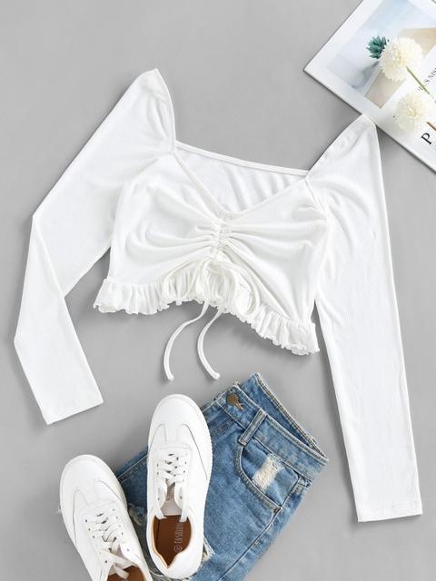 Zaful Camiseta Corta Con Volantes Y Cordones Milk White