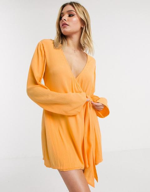 Asos Design - Robe Chemise De Plage Style Portefeuille À Nouer - Orange Froissé