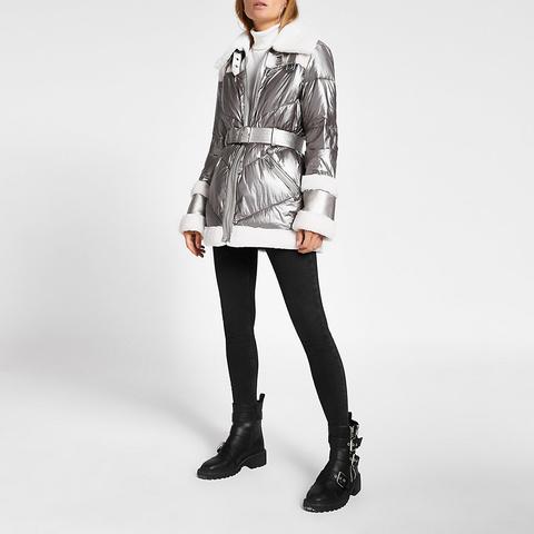 Silver Metallic Belted Aviator Padded Coat