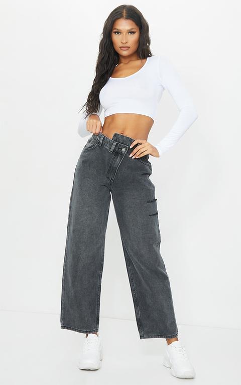 Washed Black Baggy Low Rise Asymmetric Waistband Thigh Split Boyfriend Jean