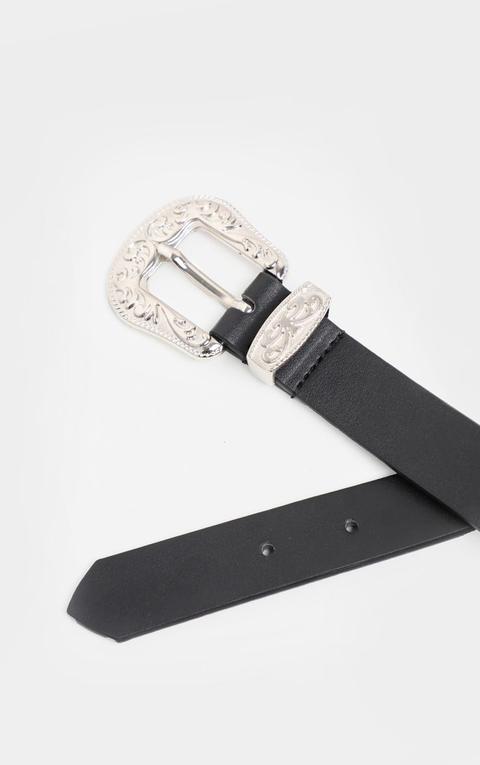 Black Ornate Buckle Skinny Waist Belt