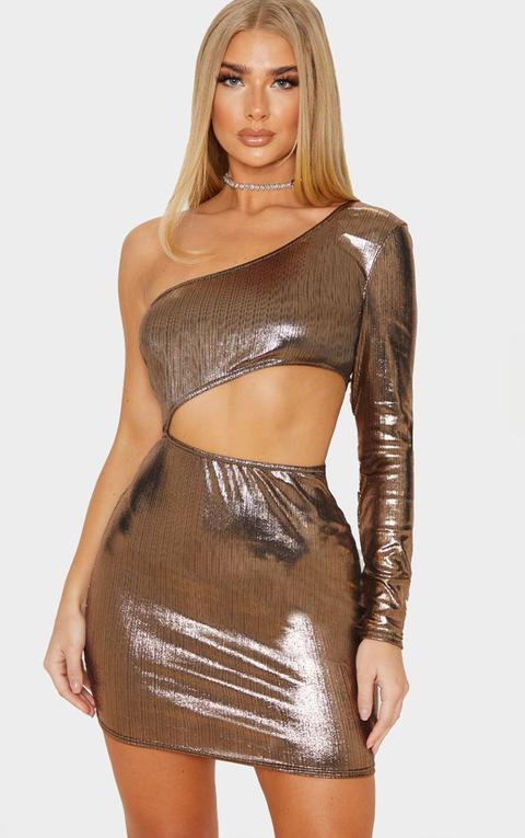 Gold One Shoulder Metallic Cut Out Bodycon Dress