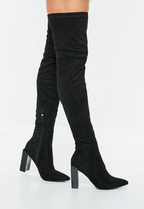 Black Pointed Toe Over The Knee Faux Suede Boots, Black