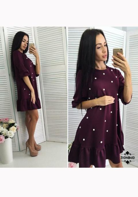 Mini Abito Pois Perla Increspata Girocollo Moda Rosso Porpora