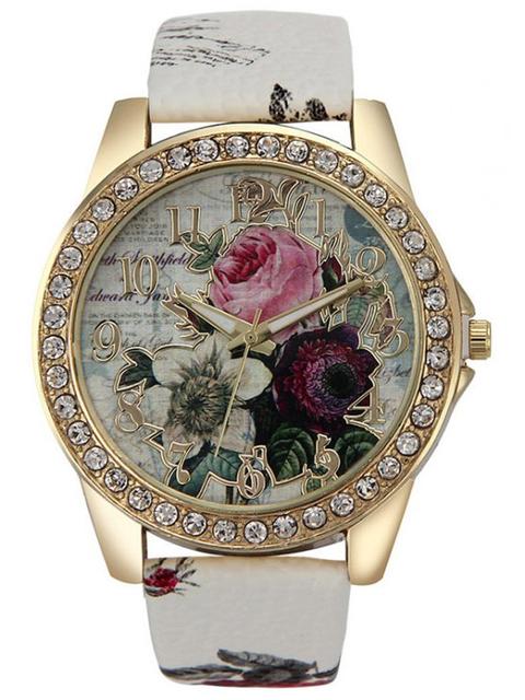 Reloj Rosas Manilla Cuero Rim Diamantes Cuarzo