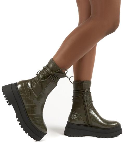 chunky sole ankle wrap boots