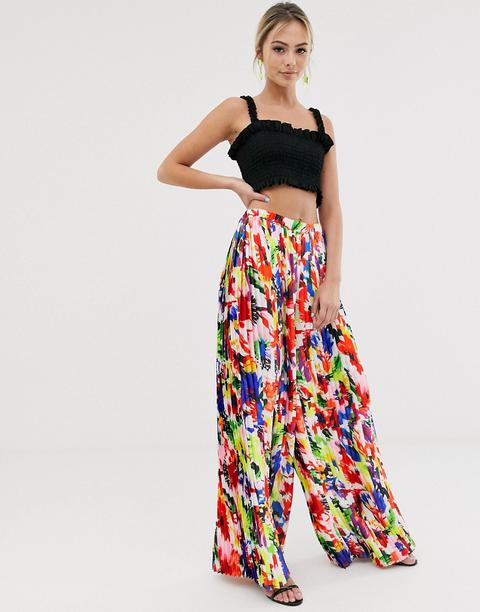 Liquorish Pleated Wide Leg Trousers In Abstract Floral-multi