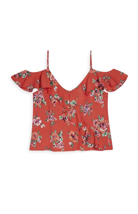 Top Rosso A Fiori Con Spalle Scoperte