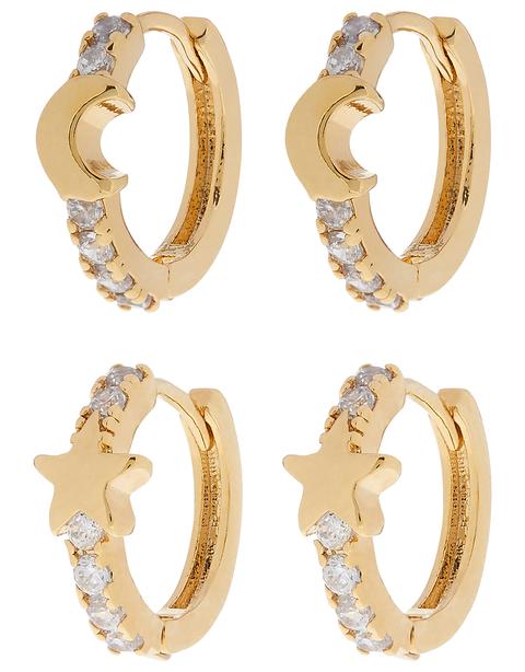 2x Pave Moon & Star Huggie Hoop Earrings