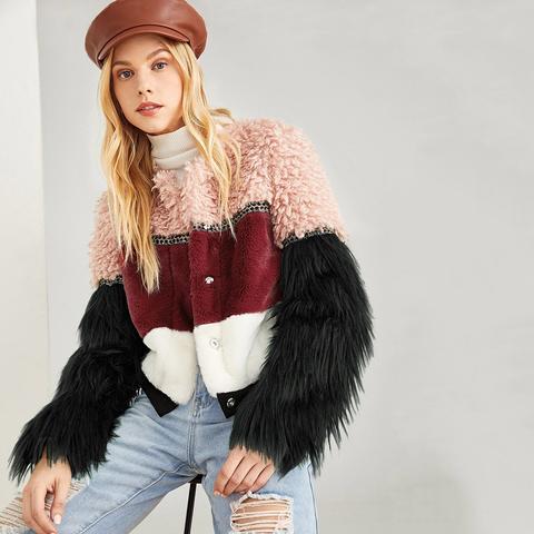 Cappotto Teddy In Paillettes Sintetica Con Bottone Color Block