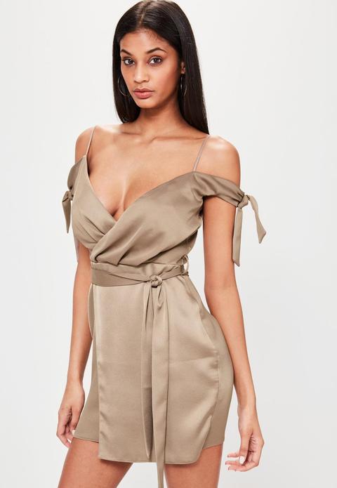 Brown Satin Strappy Tie Shoulder Wrap Shift Dress