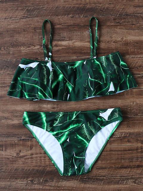 Set Bikini Con Estampado De Hoja Y Detalle De Volantes - Verde