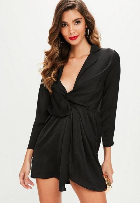 Petite Black Satin Plunge Dress, Black