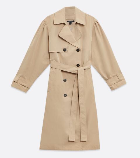 Stone Puff Sleeve Belted Trench Coat New Look