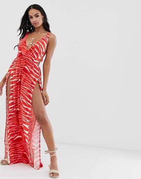 Asos Design - Robe De Plage Longue Fendue Coupe Cache-cœur Avec Lien À Nouer Au Dos Et Imprimé Tigre - Rouge