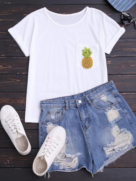 T-shirt In Cotone Ananas Con Tasca White Light Blue Lake Blue