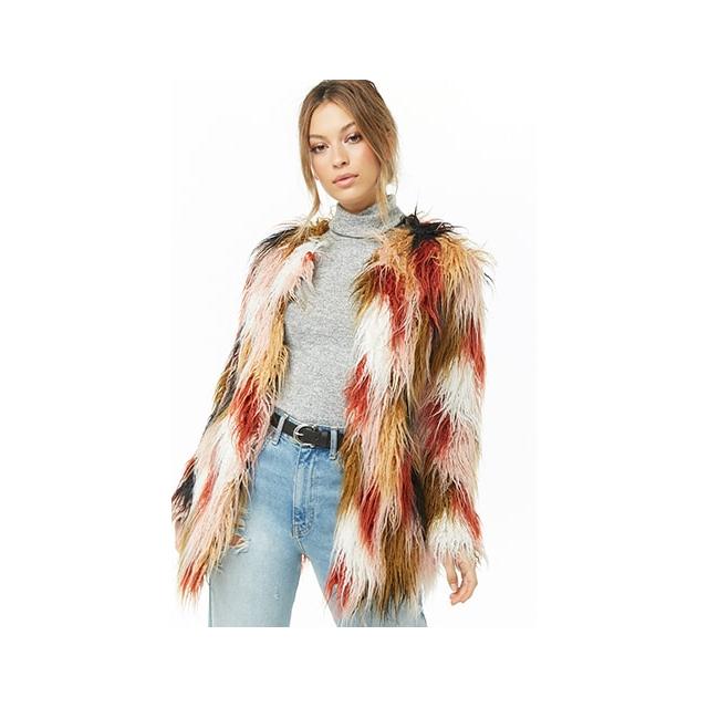 red shaggy faux fur coat