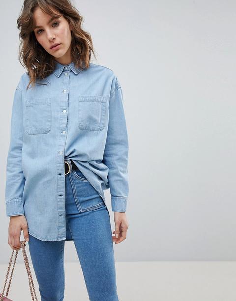 Asos Design - Camicia Oversize Di Jeans Blu Lavaggio Medio - Blu