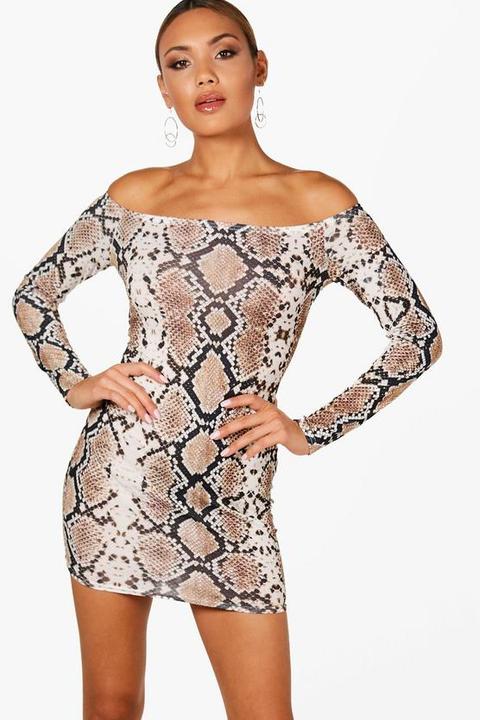 Snake Print Bardot Bodycon Dress