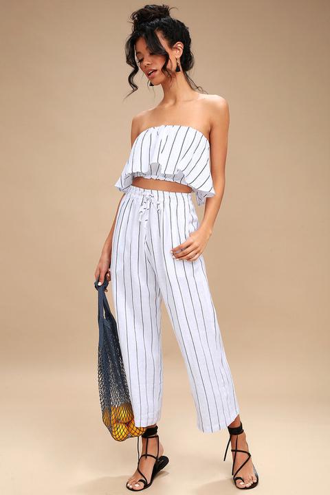 Clemence Navy Blue And White Striped Culottes