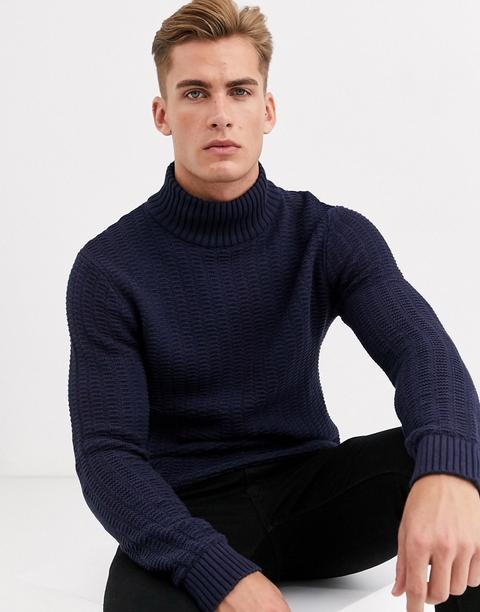 Selected Homme High Neck Textured Jumper In Navy