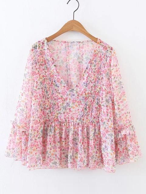 V-neckline Ruffle Hem Floral Chiffon Blouse