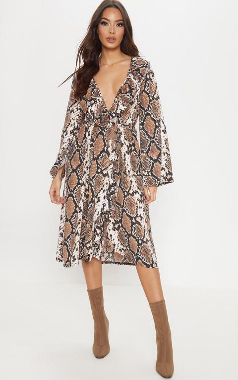 Brown Snake Print Wrap Front Frill Midi Dress