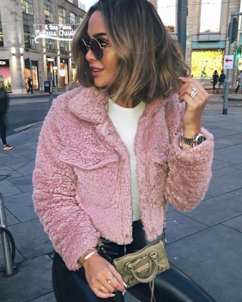 Sophia New Borg Popper Button Cropped Jacket In Pink