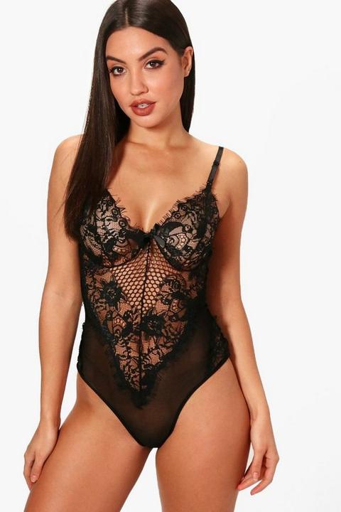 Womens Lace And Mesh Bodysuit - Black - 8, Black