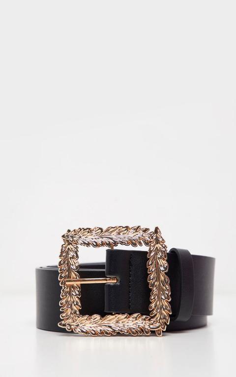 Black Wide Waist Belt With Gold Leaf Effect Buckle