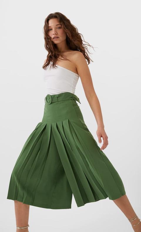 Stradivarius Jupe Culotte Plissée Femme Vert 36