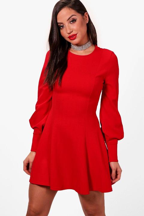 Blouson Sleeve Seam Detail Skater Dress