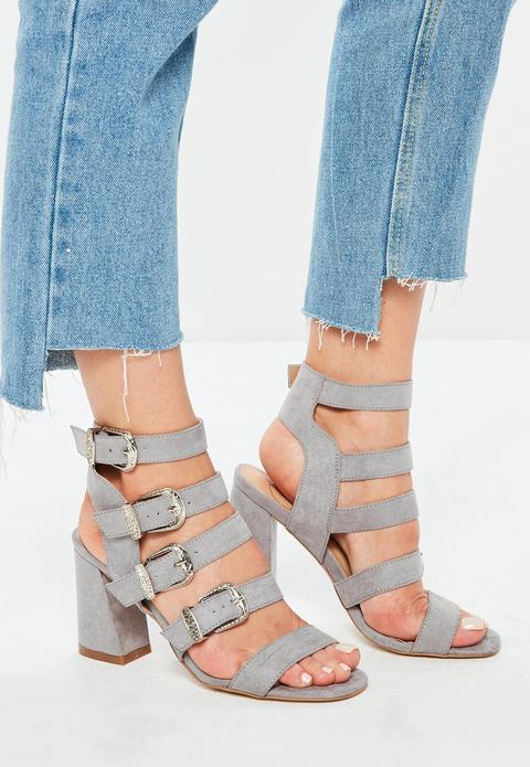 Grey Multi Western Buckle Block Heels, Grey