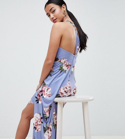 Asos Design Petite Floral One Shoulder Slinky Drape Front Maxi Dress-multi