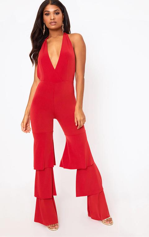 Red Frill Tier Halterneck Jumpsuit, Red