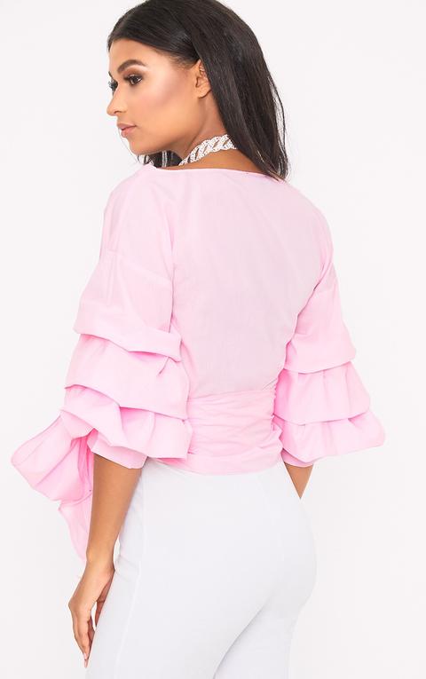 Marlow Baby Pink Oversized Ruffle Sleeve Low Shoulder Shirt