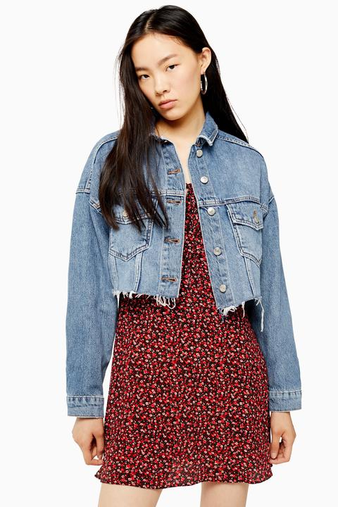 Womens Blue Denim Hacked Off Crop Jacket - Mid Stone, Mid Stone