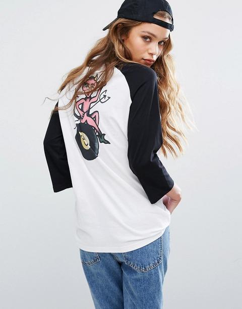 Rvca - Top Baseball Raglan Oversize Con Stampa Della Palla 8 Sul Retro - Bianco