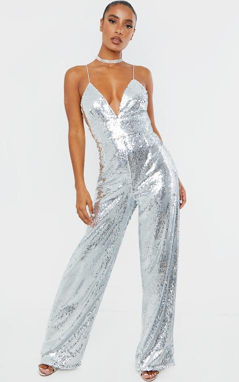 Silver Sequin Plunge Jumpsuit