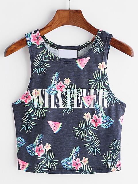 Navy Watermelon And Letter Print Tank Top