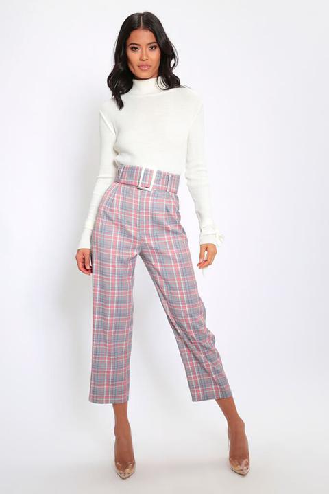 Grey Check Belted Trousers